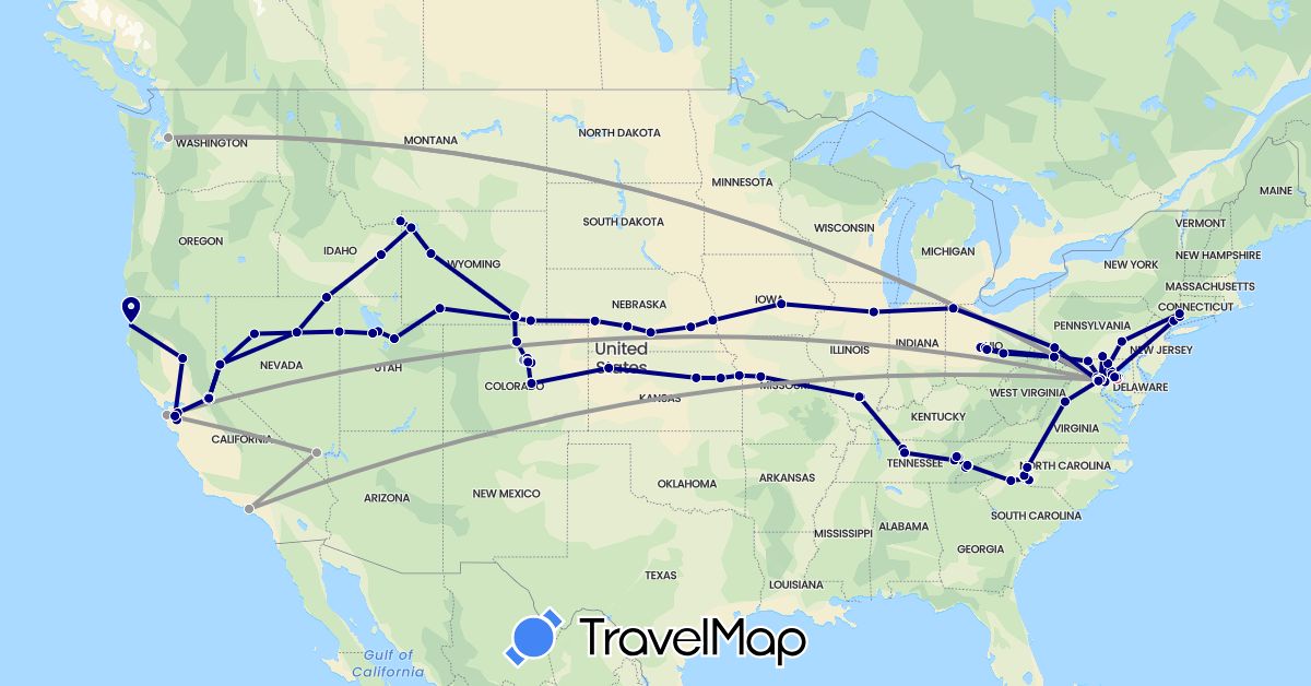 TravelMap itinerary: driving, plane, cycling, hiking in United States (North America)